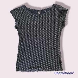 Ann Taylor XS Black Blouse with Tan Polka-Dots